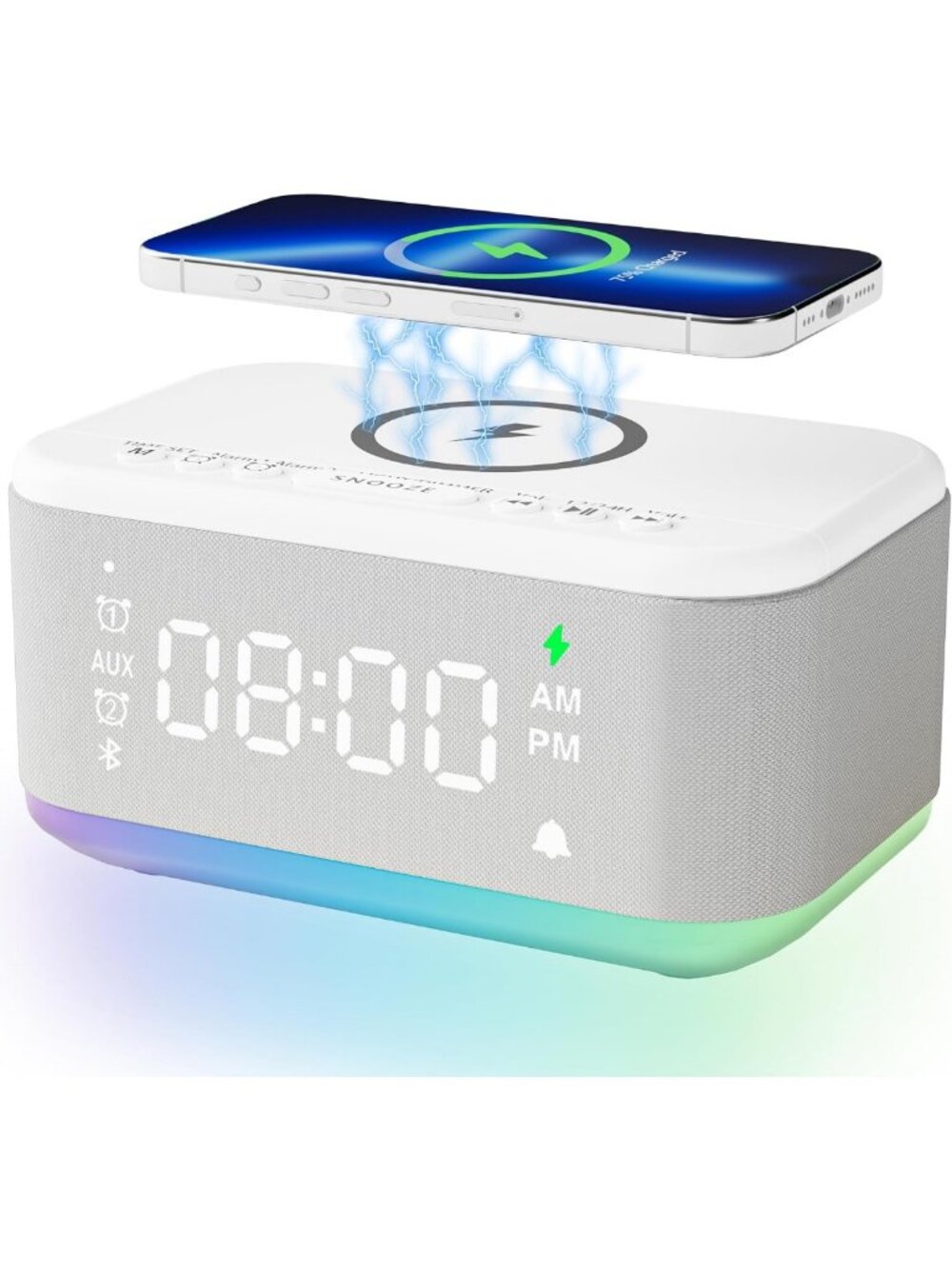 Wireless Charging Alarm Clock Speaker with Bluetooth, Dimmable Light & Dual